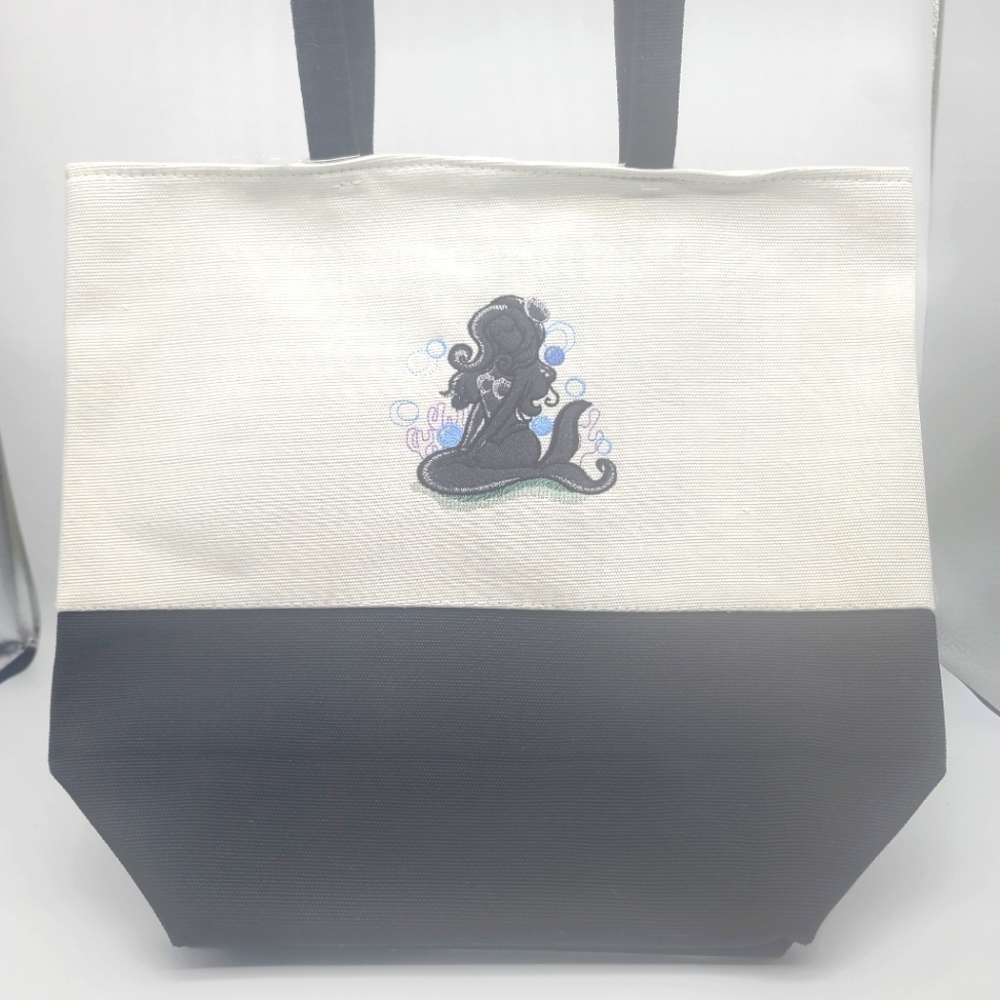 Black and White Tote Bag with Machine Embroidered Mermaid Silhouette- Brand New